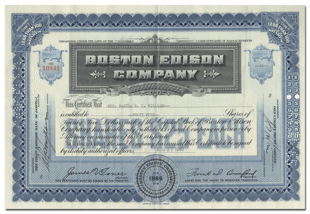 Boston Edison Company Stock Certificate