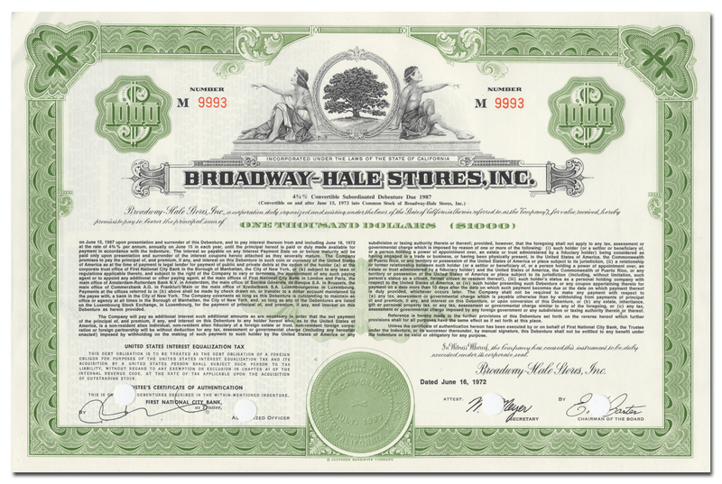 Broadway-Hale Stores, Inc. Bond Certificate
