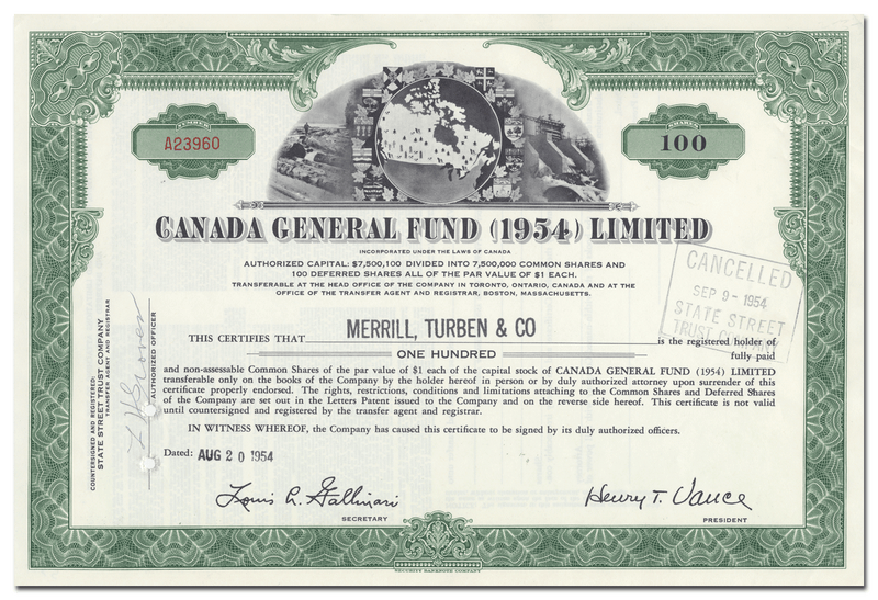 Canada General Fund (1954) Limited Stock Certificate