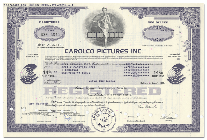 Carolco Pictures Inc. Bond Certificate