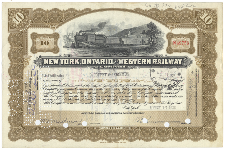 New York, Ontario and Western Railway Company Stock Certificate