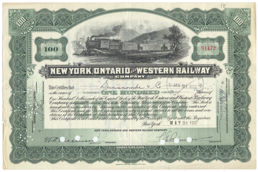 New York, Ontario and Western Railway Company Stock Certificate