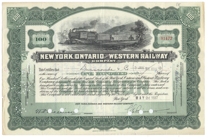 New York, Ontario and Western Railway Company Stock Certificate