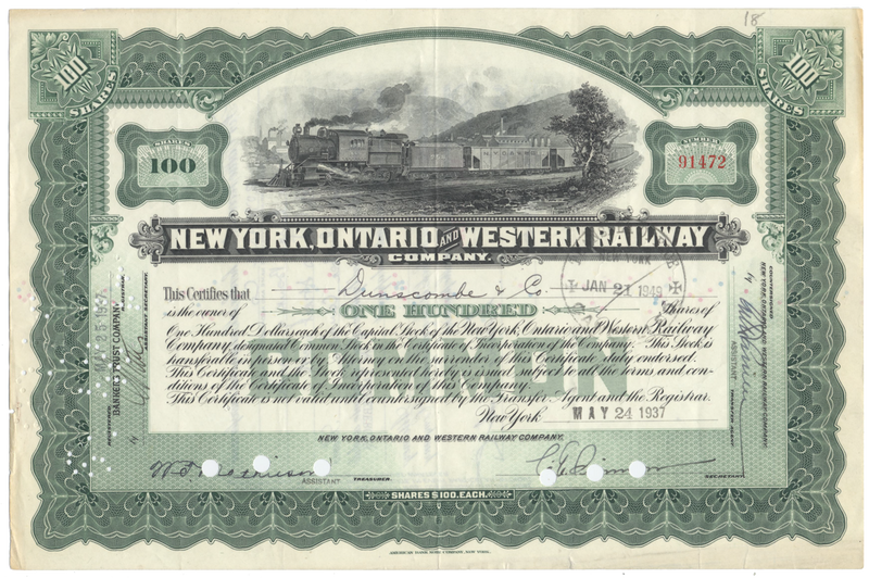 New York, Ontario and Western Railway Company Stock Certificate