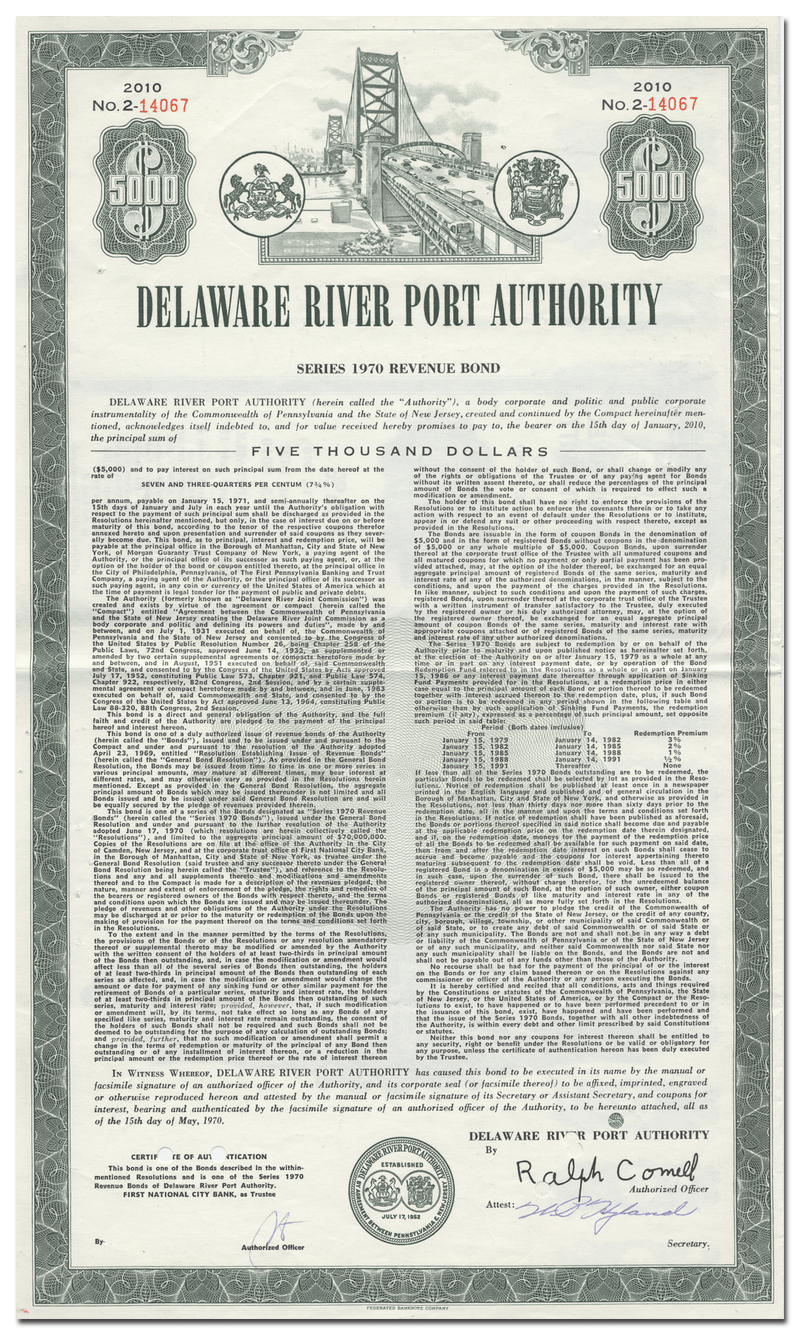 Delaware River Port Authority Bond Certificate