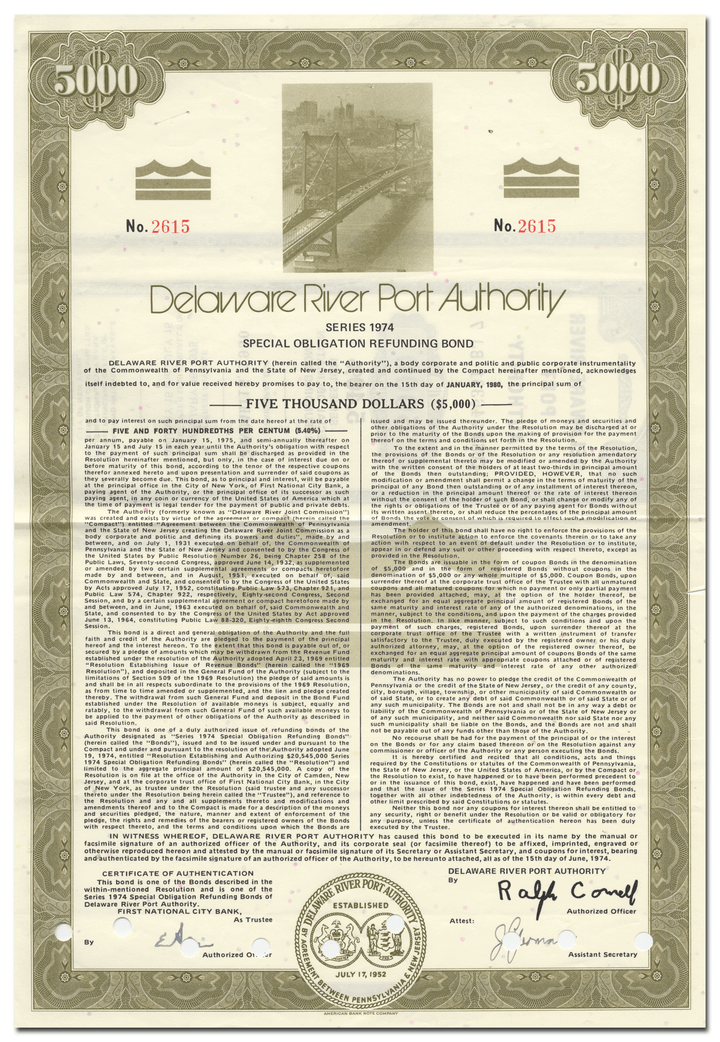 Delaware River Port Authority Bond Certificate