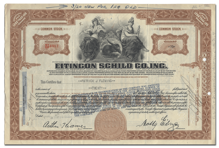 Eitingon Schild Co. Inc. Stock Certificate