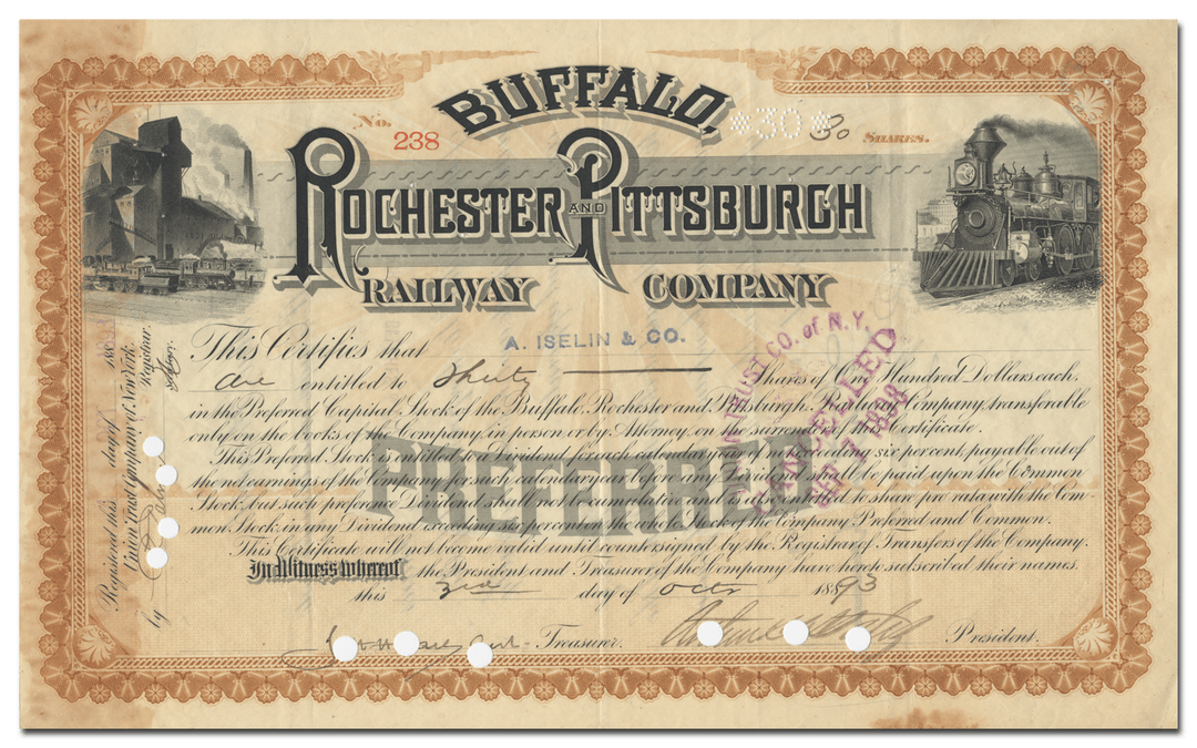 Buffalo, Rochester and Pittsburgh Railway Company Stock Certificate