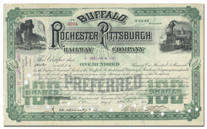 Buffalo, Rochester and Pittsburgh Railway Company Stock Certificate