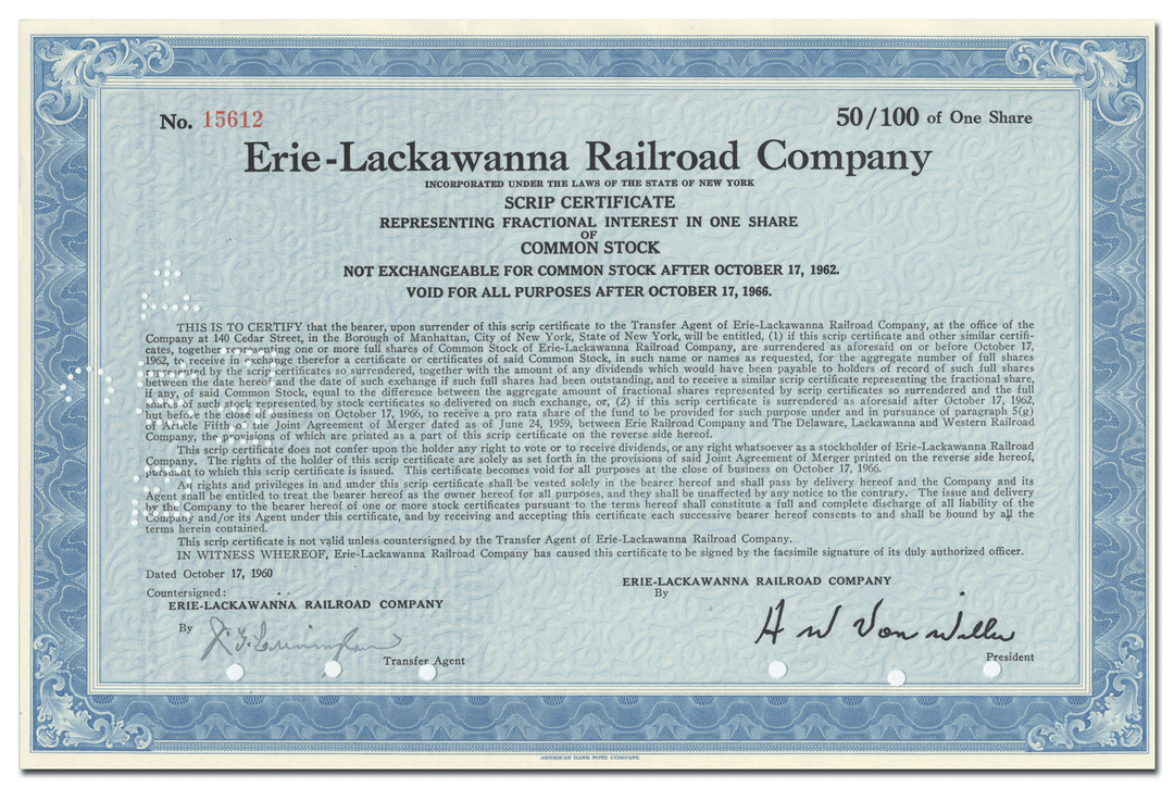 Erie-Lackawanna Railroad Company Stock Certificate