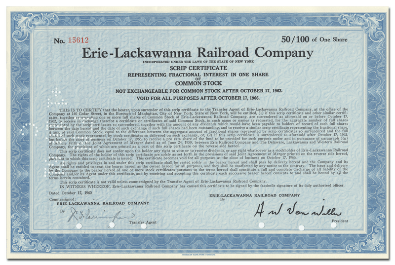 Erie-Lackawanna Railroad Company Stock Certificate