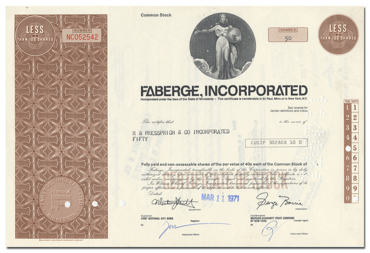 Faberge Incorporated Stock Certificate