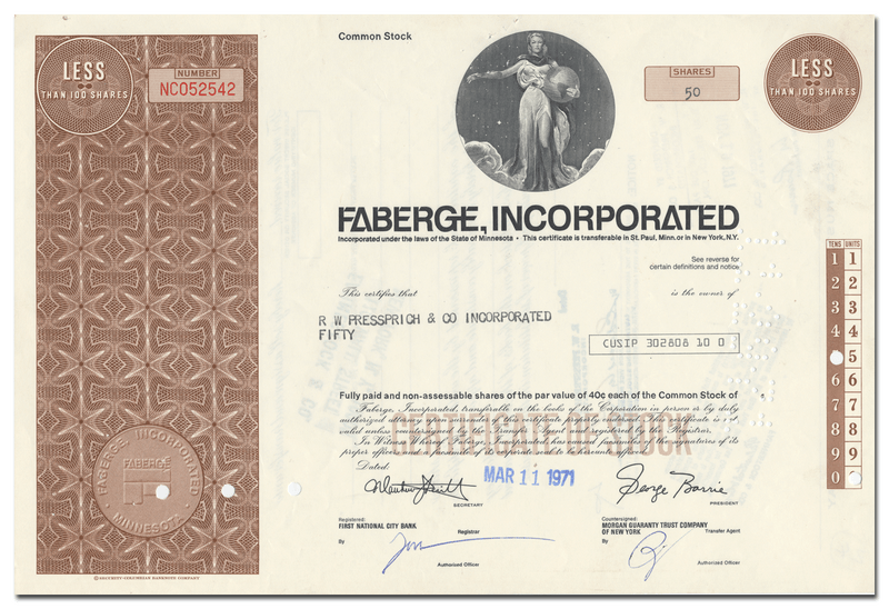 Faberge Incorporated Stock Certificate