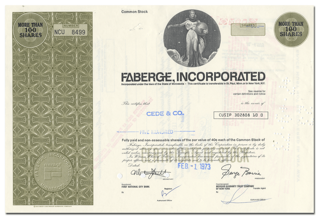 Faberge Incorporated Stock Certificate