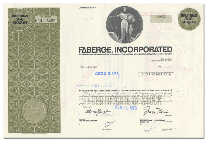 Faberge Incorporated Stock Certificate