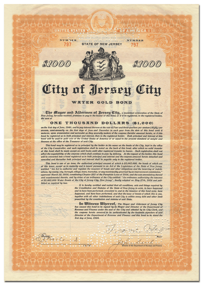 Jersey City, New Jersey Bond Certificate