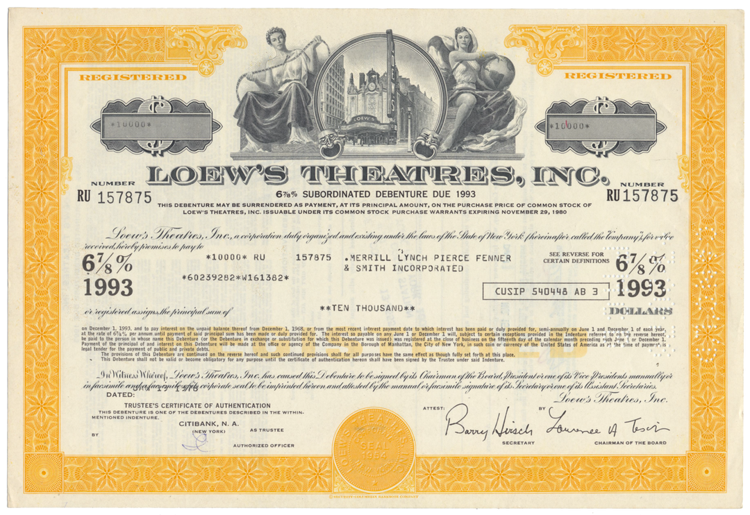 Loew's Theatres, Inc. Bond Certificate