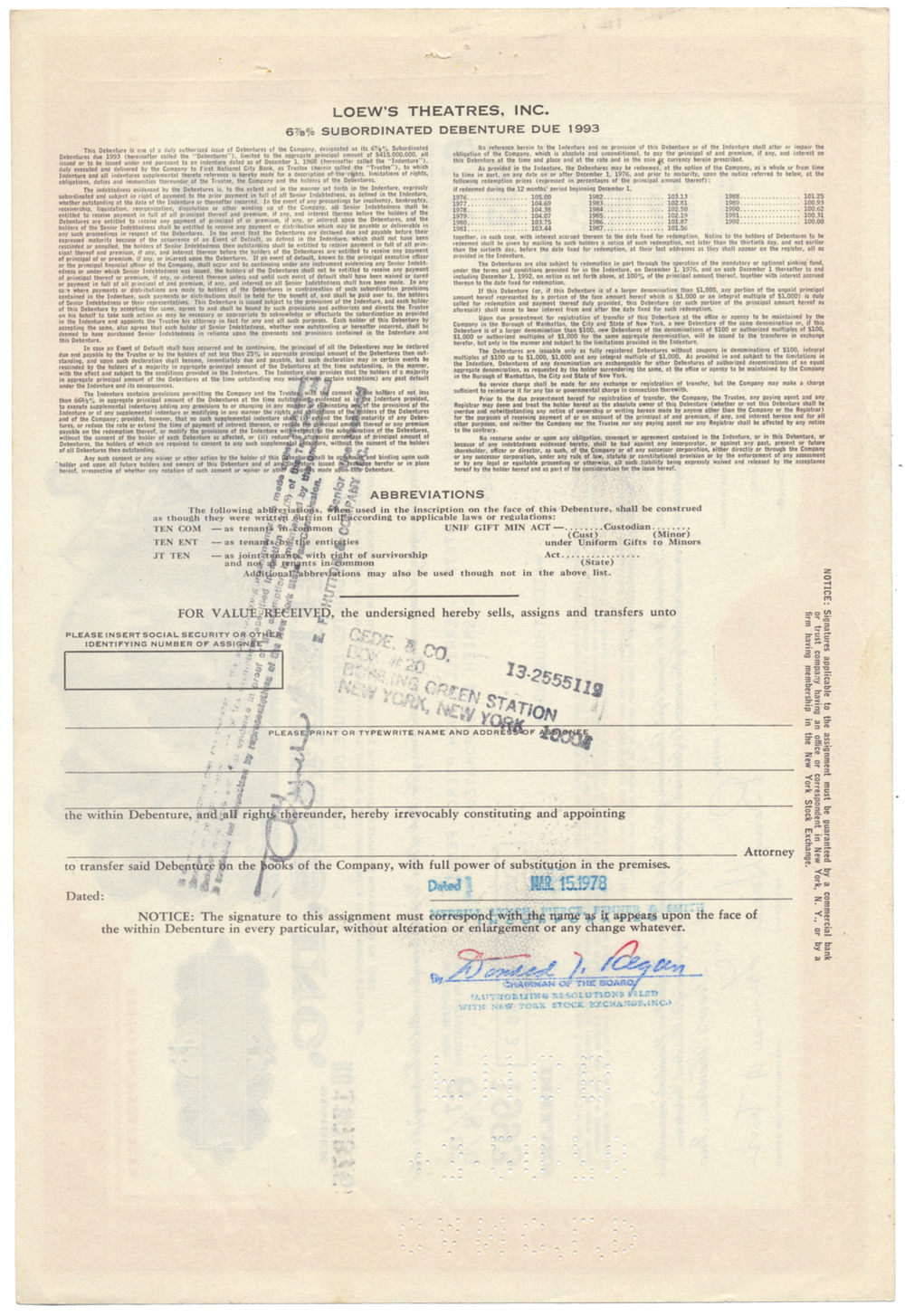 Loew's Theatres, Inc. Bond Certificate