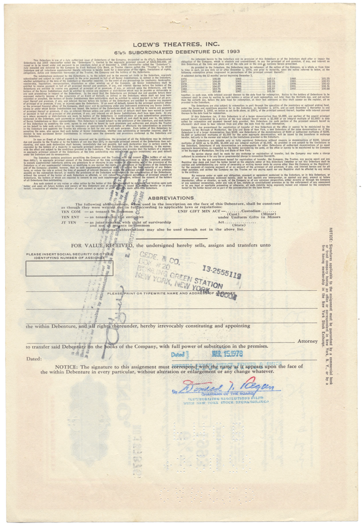 Loew's Theatres, Inc. Bond Certificate