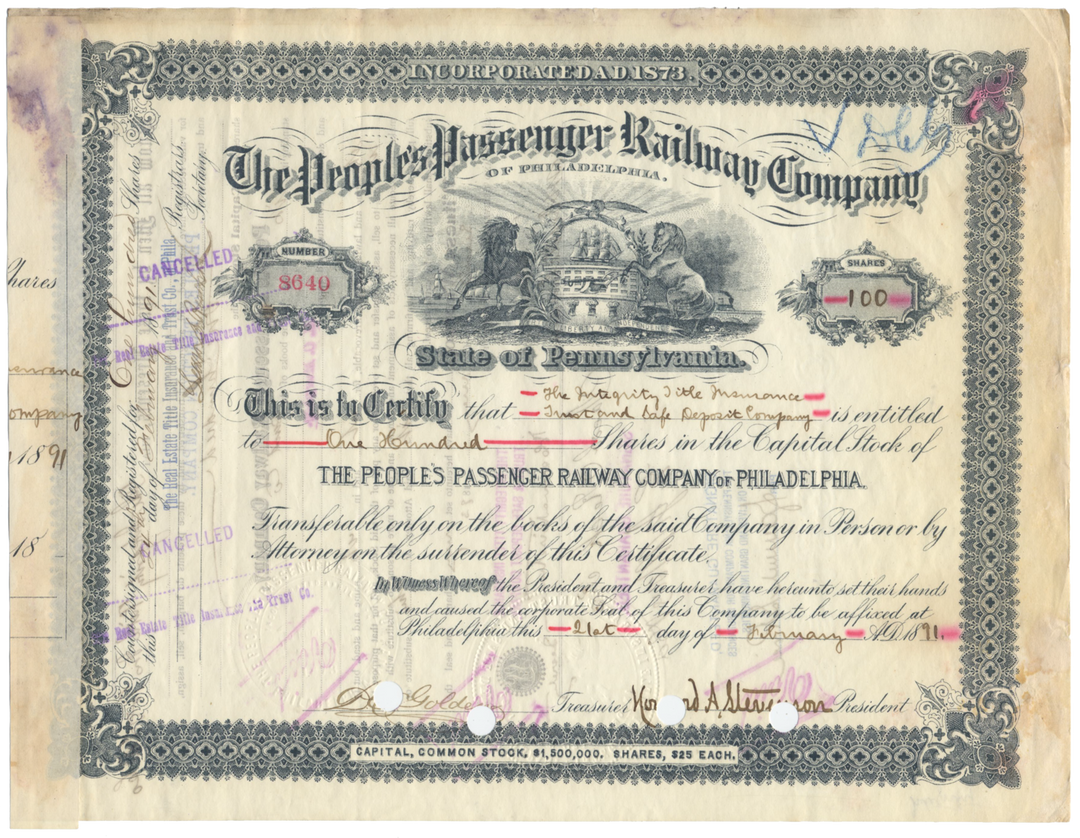 People's Passenger Railway Company of Philadelphia Stock Certificate