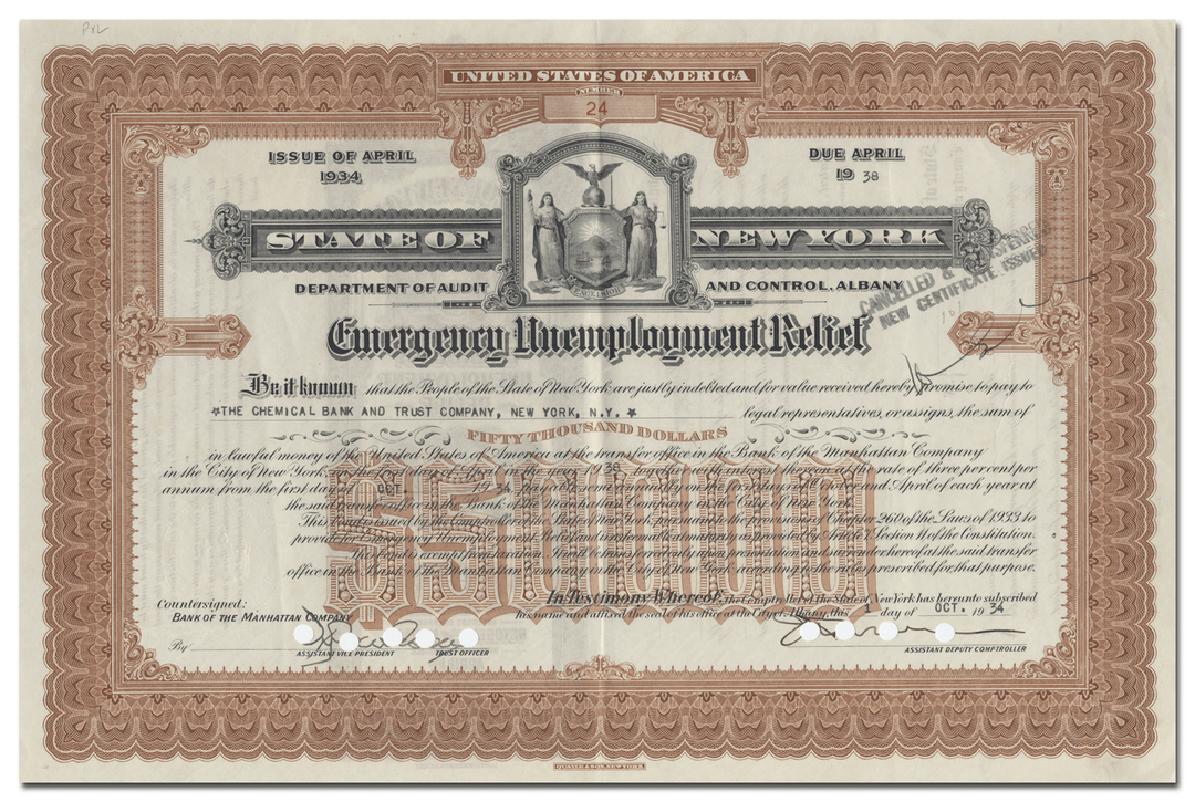 State of New York Bond Certificate for Emergency Unemployment Relief