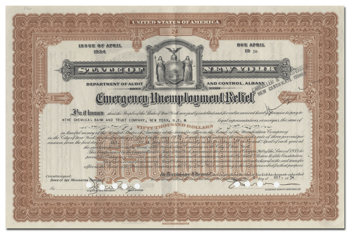 State of New York Bond Certificate for Emergency Unemployment Relief