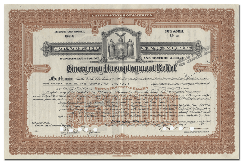 State of New York Bond Certificate for Emergency Unemployment Relief