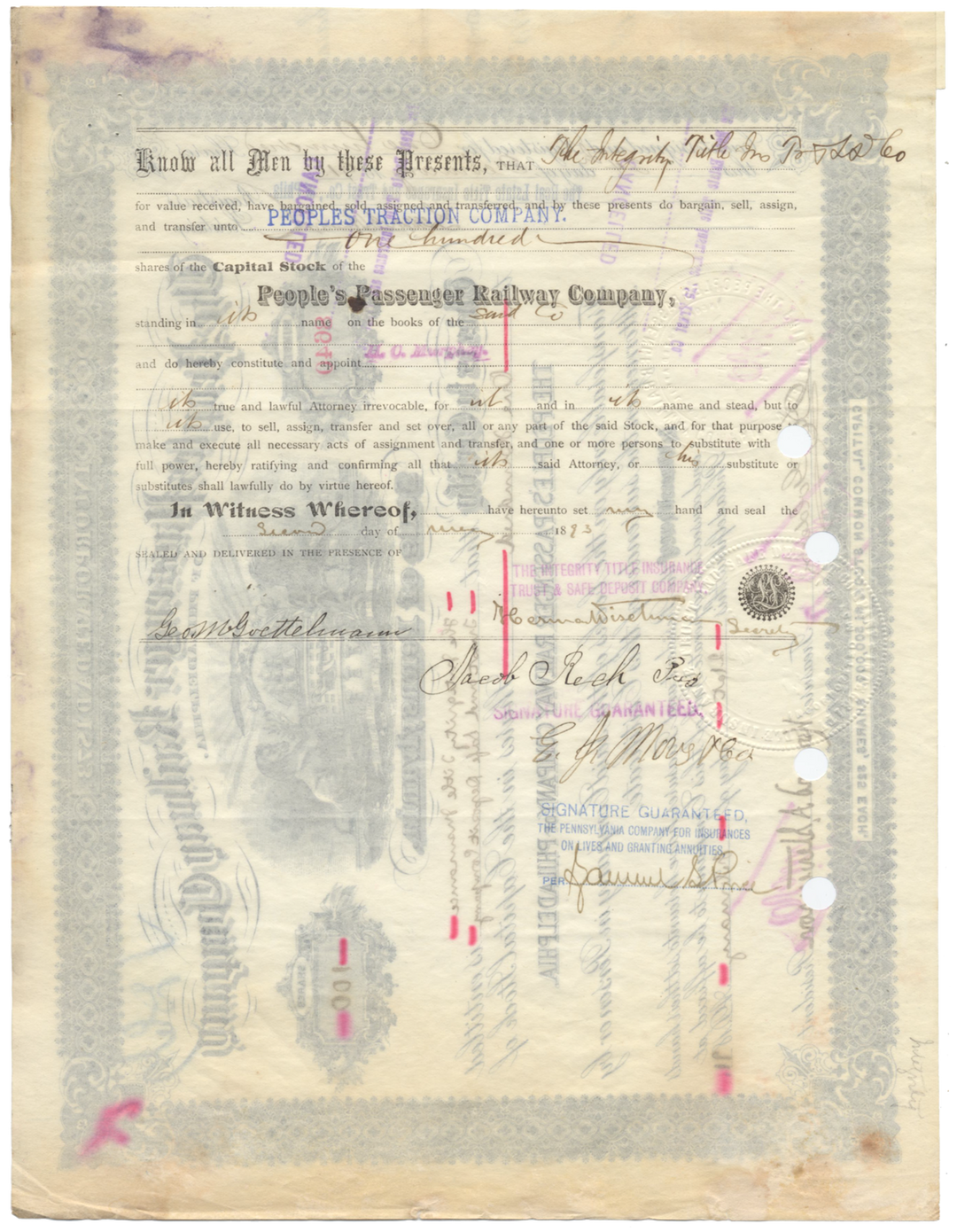 People's Passenger Railway Company of Philadelphia Stock Certificate