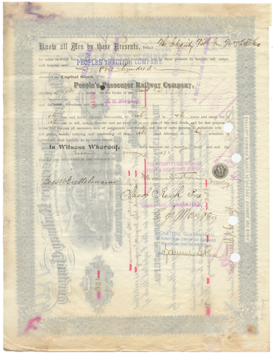 People's Passenger Railway Company of Philadelphia Stock Certificate
