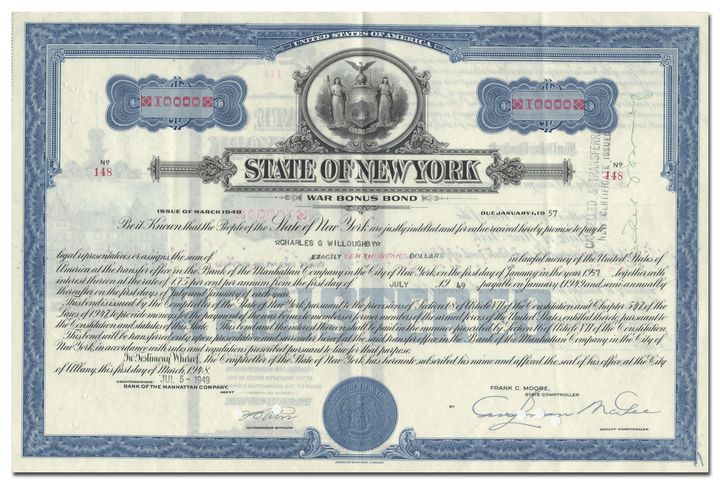 State of New York War Bonus Bond Certificate