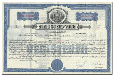 State of New York War Bonus Bond Certificate