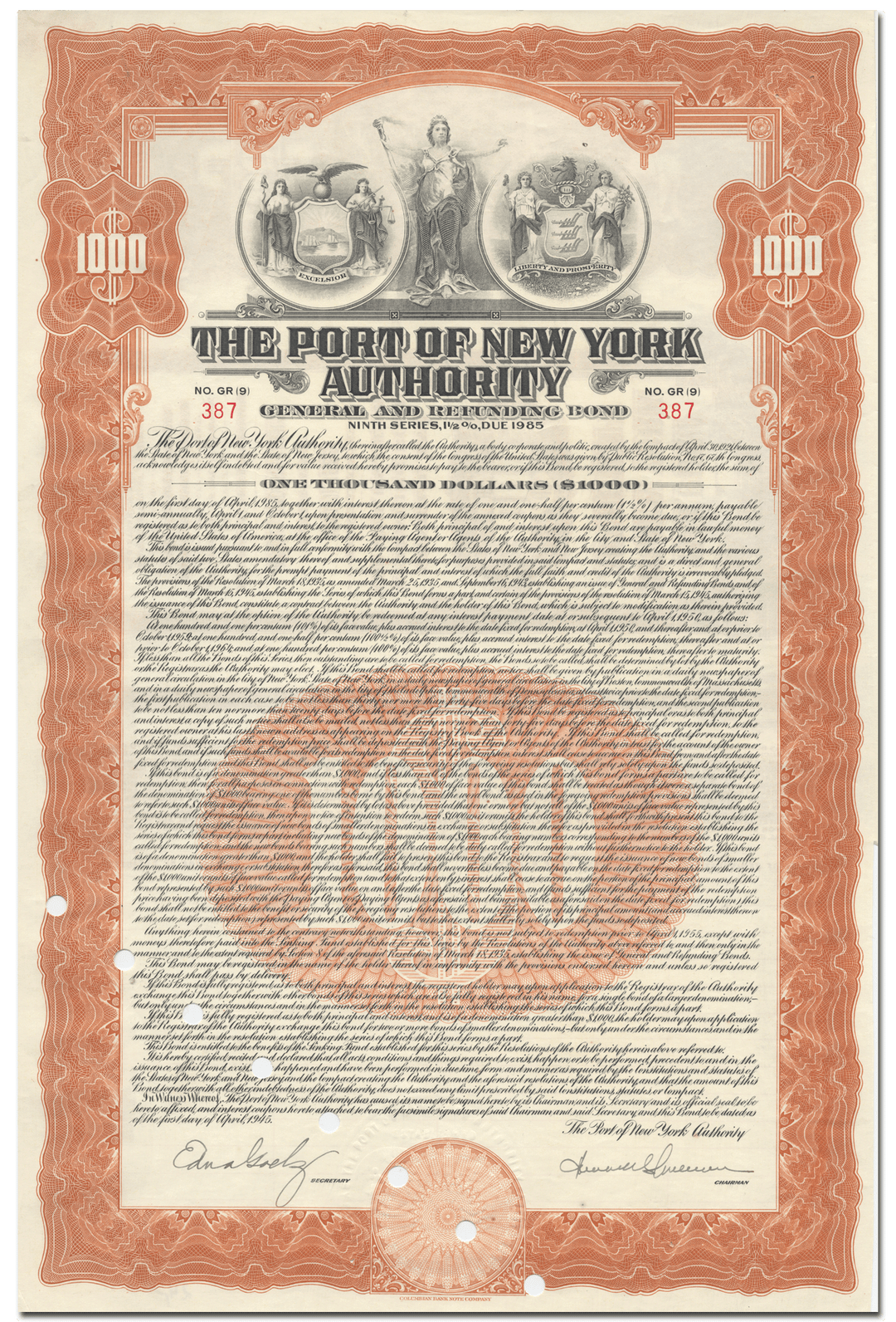 Port of New York Authority Bond Certificate