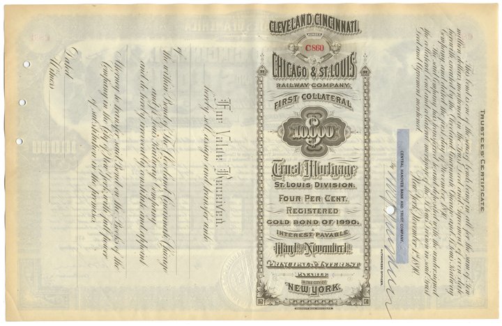 Cleveland, Cincinnati, Chicago & St. Louis Railway Company Bond Certificate