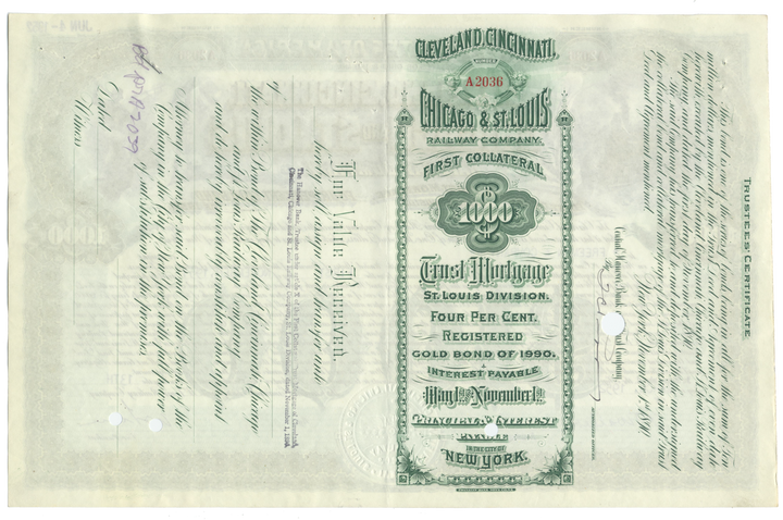 Cleveland, Cincinnati, Chicago & St. Louis Railway Company Bond Certificate