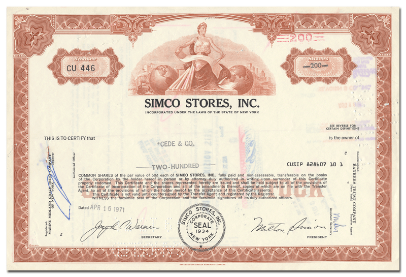 Simco Stores, Inc. Stock Certificate