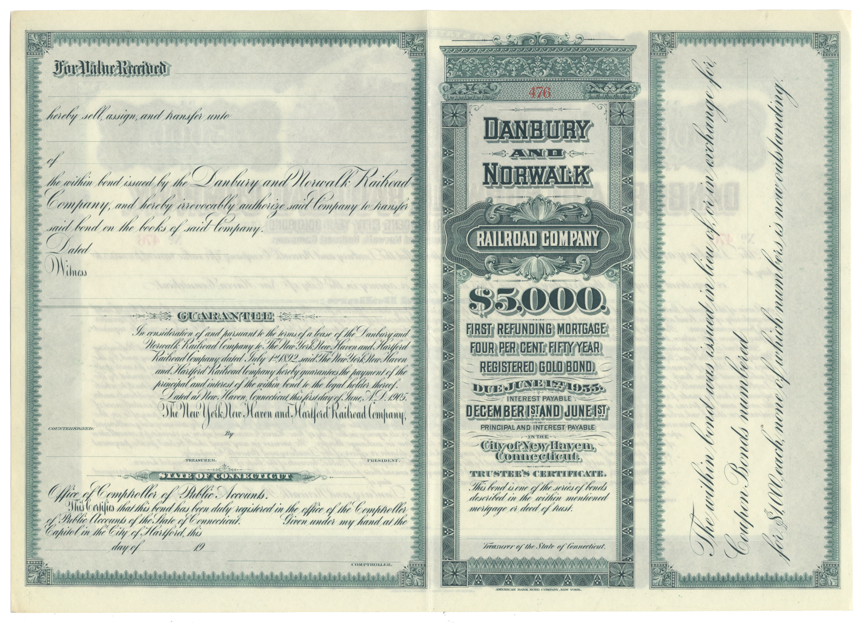 Danbury and Norwalk Railroad Company Bond Certificate