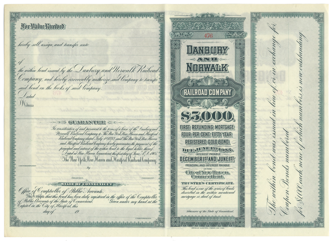 Danbury and Norwalk Railroad Company Bond Certificate