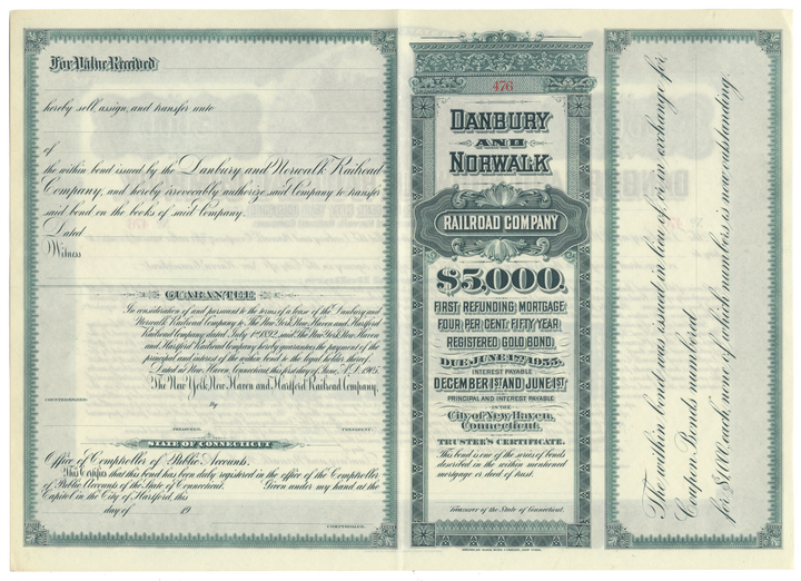 Danbury and Norwalk Railroad Company Bond Certificate