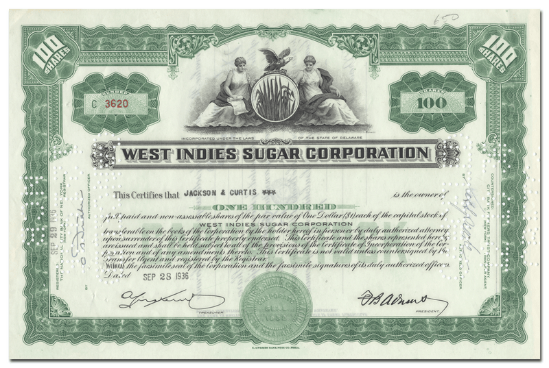West Indes Sugar Corporation Stock Certificate