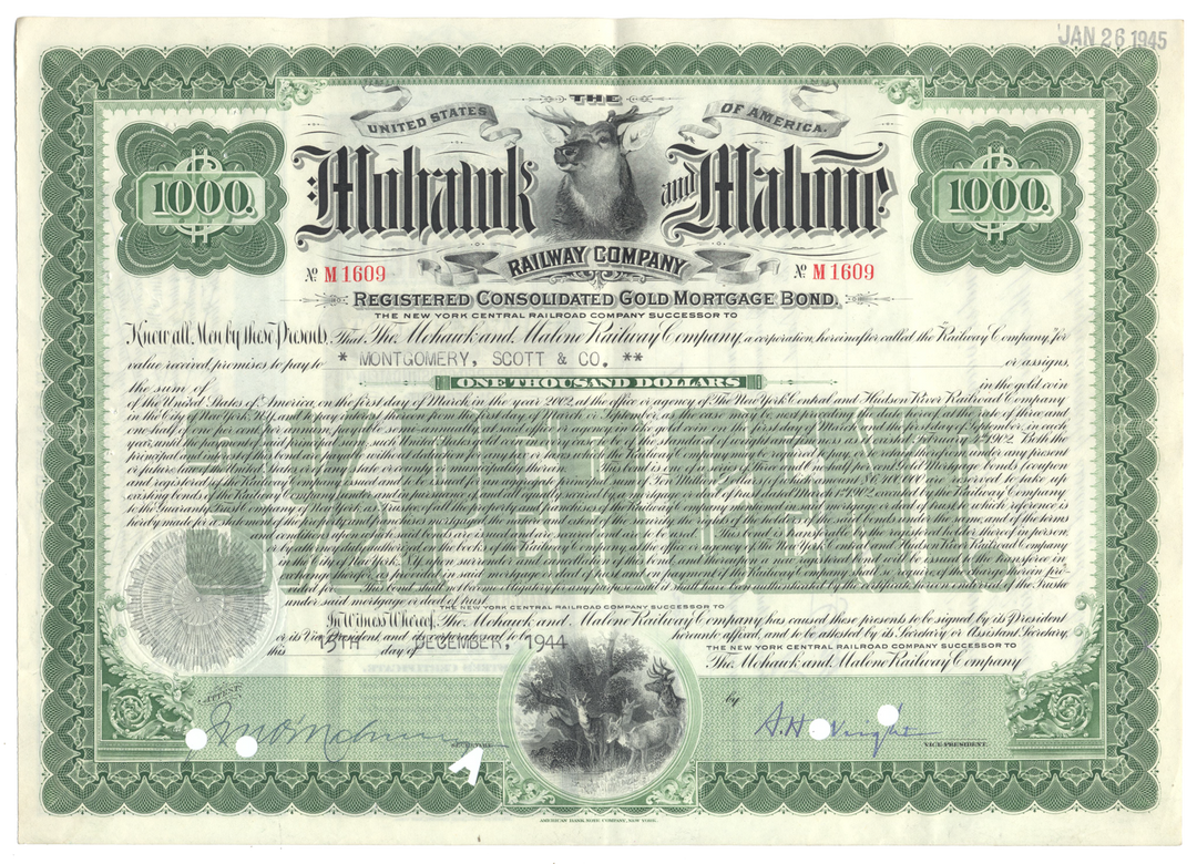 Mohawk and Malone Railway Company Bond Certificate