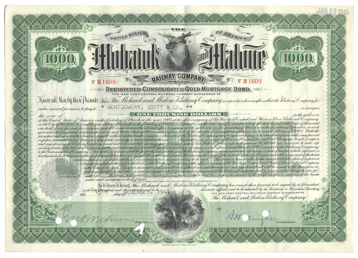 Mohawk and Malone Railway Company Bond Certificate