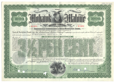 Mohawk and Malone Railway Company Bond Certificate