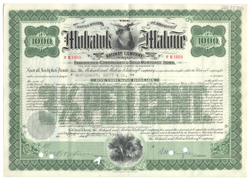 Mohawk and Malone Railway Company Bond Certificate