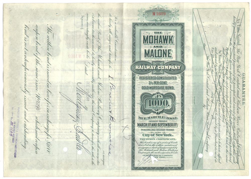 Mohawk and Malone Railway Company Bond Certificate