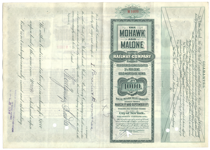 Mohawk and Malone Railway Company Bond Certificate