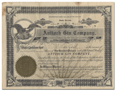 Antioch Gin Company Stock Certificate