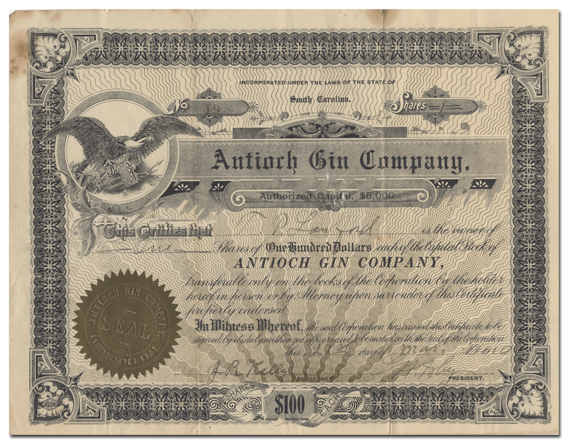 Antioch Gin Company Stock Certificate