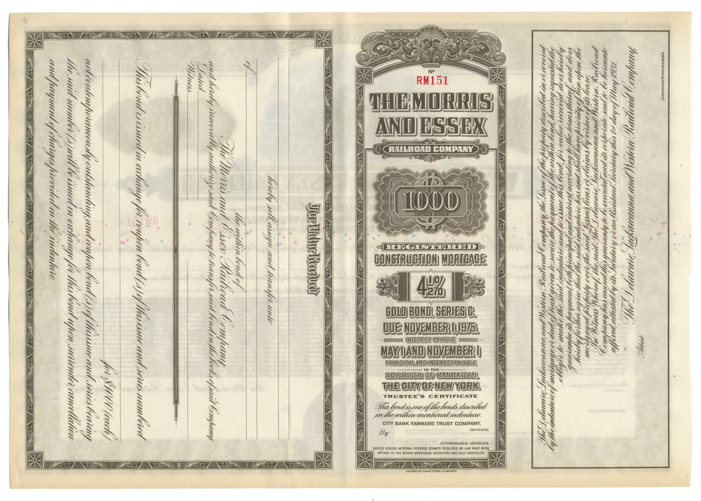 Morris and Essex Railroad Company Bond Certificate