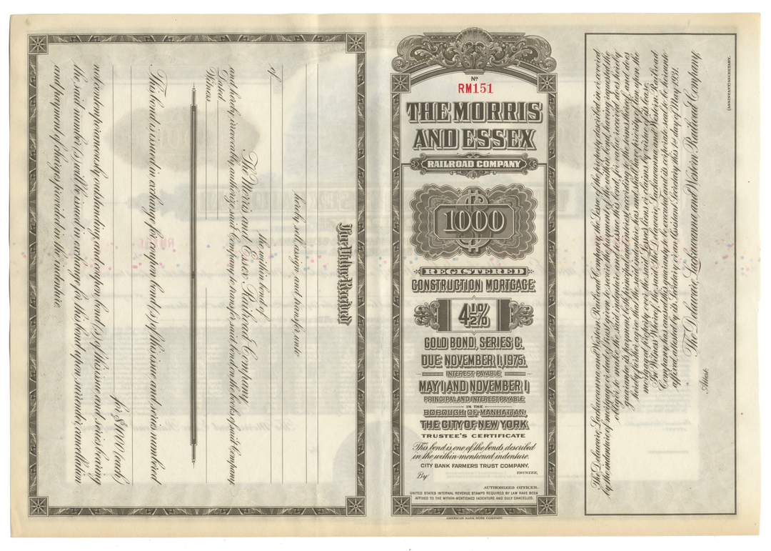 Morris and Essex Railroad Company Bond Certificate