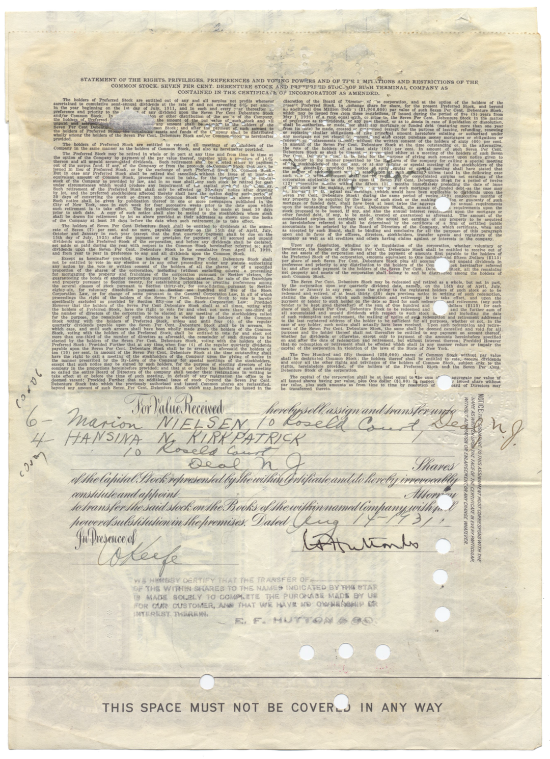 Bush Terminal Company Stock Certificate